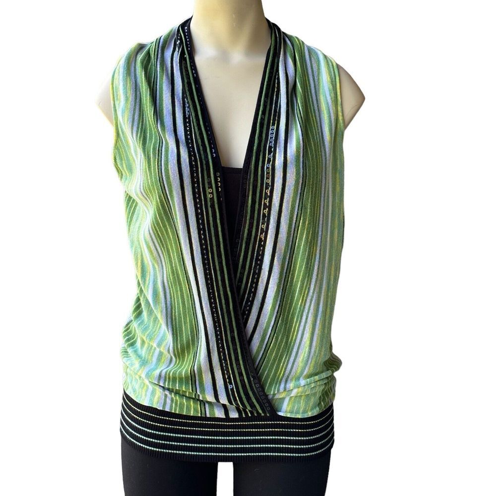 INC International Concepts Wrap Shirt Women's Small Green Black Stripe Sequin